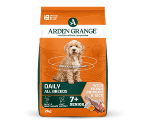 A 2kg bag of Arden Grange Daily All Breeds dog food, Senior 7+, featuring a golden doodle dog on the front, with orange, white, and dark green packaging.