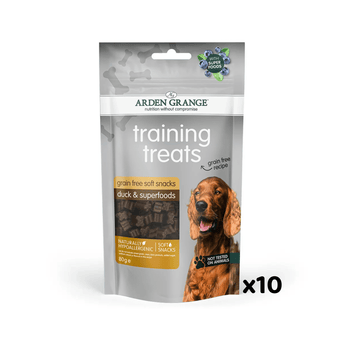 A 90g bag of Arden Grange Training Treats (duck & superfoods) for dogs, featuring a grey and white package with a picture of a brown dog on the front.