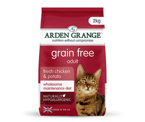 A 2kg bag of Arden Grange Grain Free Adult cat food, fresh chicken & potato flavour. The packaging is dark red with white text and features a photo of a tabby cat on the front.