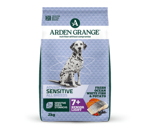 A 2kg bag of Arden Grange, Advanced Sensitive, All Breeds dog food for senior light dogs, featuring a Dalmatian on the packaging against a light blue patterned background.