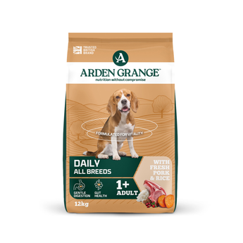 A 12kg bag of Arden Grange, Daily, All Breeds dog food for adults, with Fresh Pork & Rice, featuring a beagle on the front packaging against a clean white background.
