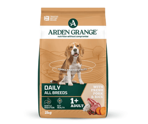 A 2kg bag of Arden Grange, Daily, All Breeds dog food for adults, with Fresh Pork & Rice, featuring a beagle on the front packaging against a clean white background.