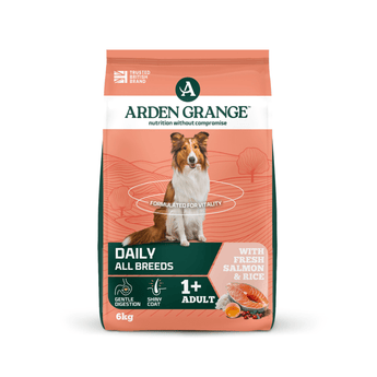 A 6kg bag of Arden Grange, Daily, All Breeds dog food, featuring a salmon and rice flavour. The packaging is coral orange with dark green and white sections, featuring a picture of a collie dog in the centre.
