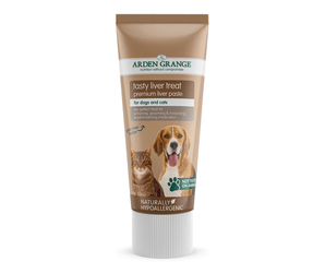 A tube of Arden Grange Tasty Liver Treat premium Liver paste for dogs and cats, featuring a beige and white design with illustrations of a dog and a cat, set against a plain white background.