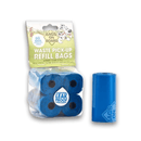 White background with a pack of Bags On Board waste pick-up refill poo bags. On the packet is an illustrated Dalmatian dog on grass. Next to the packet is a single roll of the bags.