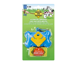 White background with a blue Bags On Board Bone shaped poo bag Dispenser attached to cardboard backing. On the cardboard packaging is an illustrated Dalmatian dog wearing a red collar and lead with a dispenser attached. On the packet is text 'Waste pick-up dispenser & refill bags. 
