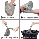 White background with an picture demonstration of how to use Bags On Board Hand Armour poo bags. 