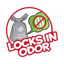 White background with an illustrated Bags On Board Hand Armour poo bag pictured. On the bag is text 'Bags on Board, Hand Armour'. Next to the bag is an illustrated green bubble with a cross over it. Below is text 'Locks in Odour'. 