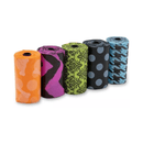 White background with a row of 5 'Bags On Board' patterned waste pick-up Refill rolls. One of each colour: Orange, pink, green, black and blue. 