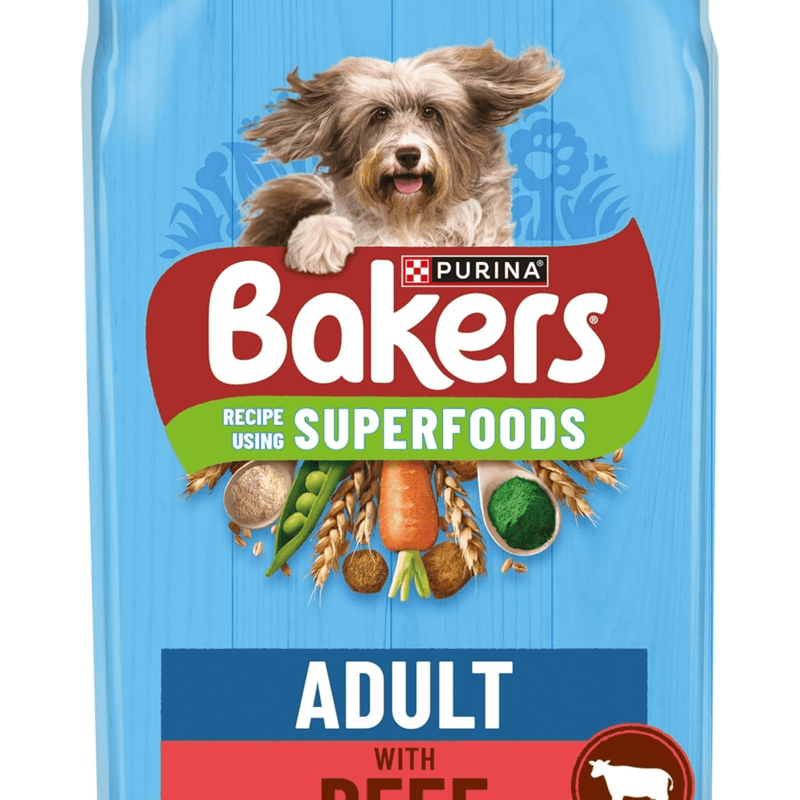 BAKERS Dry Dog Food Beef with Vegetables bag close up on a white background