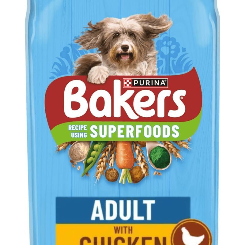 BAKERS Dry Dog Food Chicken with Vegetables bag close up on white background