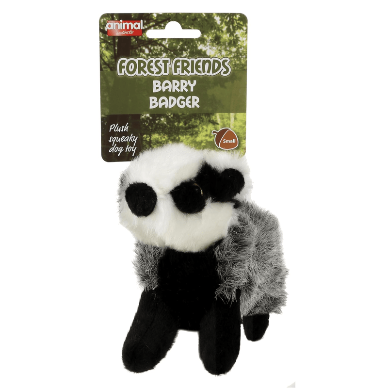 Small black, grey and white badger dog toy attached to a green cardboard backing with white text 'Forest Friends Barry Badger' and smaller text saying 'Plush squeaky dog toy'