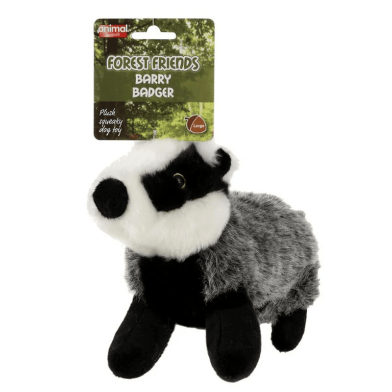Large black, grey and white badger dog toy attached to a green cardboard backing with white text 'Forest Friends Barry Badger' and smaller text saying 'Plush squeaky dog toy'