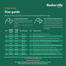 Green background with a an illustrated guide of how to measure your dog for a muzzle with a sizing guide below. 