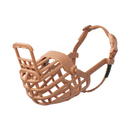 White background of a brown basket Baskerville CLASSIC dog muzzle with the food guard lifted up. 