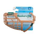 White background with a brown basket Baskerville CLASSIC dog muzzle attached to blue backing cardboard. 