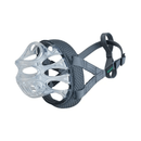 White background of a clear basket Baskerville INVISA dog muzzle with grey fabric straps. 