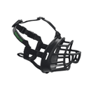 White background of a black basket Baskerville ULTRA dog muzzle with black fabric straps. 