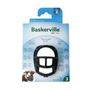 White background with a black basket Baskerville ULTRA dog muzzle with black fabric straps in blue packaging with a collie dog on the pack.