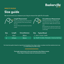 Green background with a an illustrated guide of how to measure your dog for a muzzle with a sizing guide below. 