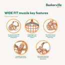Cream background with a guide on the key features of a Baskerville WIDE FIT dog muzzle, focusing on the many features including Strong TPR material, soft muzzle band and lockable buckle.
