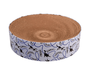 White background with a cardboard Battersea round Cat Scratcher pictured.