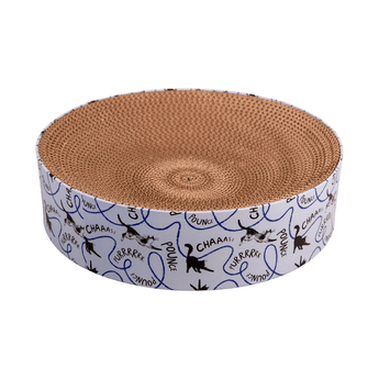 White background with a cardboard Battersea round Cat Scratcher pictured.