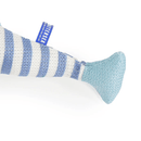 Close up of stripy blue fish cat toy with light blue tail pictured on a white background. 