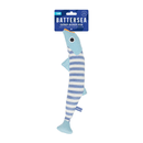 Stripy blue fish cat toy with light blue head and fins on a dark blue cardboard backer with white text 'Battersea Catnip Kicker Fish' all pictured on a white background. 