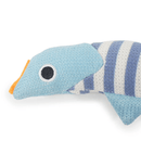 Close up of stripy blue fish cat toy's light blue head and fins lying sideways pictured on a white background. 