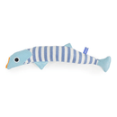 Stripy blue fish cat toy with light blue head and fins lying sideways pictured on a white background. 