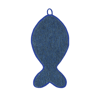 White background with a blue Battersea Fish Shaped Cat Scratcher pictured.