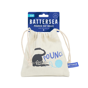 White background with a Battersea canvas pouch of Pounce Cat Balls pictured attached to a blue cardboard tag. 