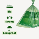 Green trash bag with text indicating size, strength, and leakproof properties on a white background.