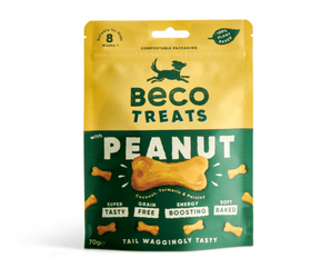 White background with a packet of Beco Dog Treats pictured. On the packet is an illustrated silhouette of a running dog. Text on the pack reads, 'Beco Treats, Peanut' with a picture of a bone shaped treat, text below reads 'Coconut, Turmeric & Parsley, Tail Waggingly Tasty.'  