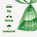 Green trash bag with text indicating size, strength, and leakproof properties on a white background.