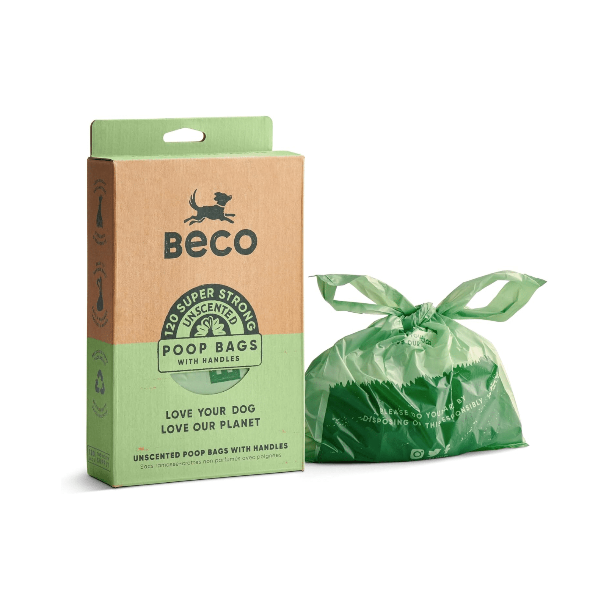 Beco unscented dog poo bags with handles, 120 bag pack