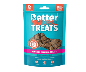 White background with a blue packet of 90g Better Natural Chicken Training treats, with a seen through window in the centre.