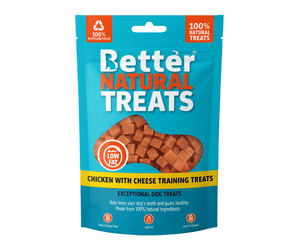 White background with a blue packet of 90g Better Natural Chicken and Cheese Training treats, with a seen through window in the centre.