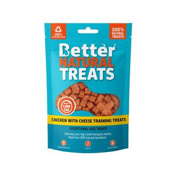 White background with a blue packet of 90g Better Natural Chicken and Cheese Training treats, with a seen through window in the centre.