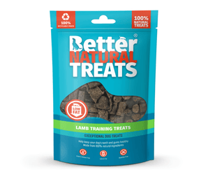 White background with a blue packet of 90g Better Natural Lamb Training treats, with a seen through window in the centre.
