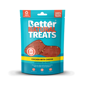 White background with a blue packet of 90g Better Natural Chicken & Cheese treats, with a seen through window in the centre.