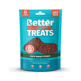 White background with a blue packet of 90g Better Natural Duck Steak treats, with a seen through window in the centre.