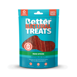 White background with a blue packet of 90g Better Natural Duck Stick treats, with a seen through window in the centre.