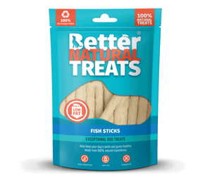 White background with a blue packet of 90g Better Natural Fish Stick treats, with a seen through window in the centre.