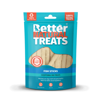 White background with a blue packet of 90g Better Natural Fish Stick treats, with a seen through window in the centre.