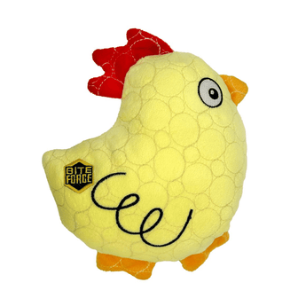 White background with a yellow Bite Force Chicken Dog Toy with a red crest and orange beak and feet with stitch details for the eyes and wings.