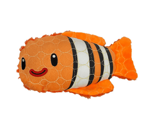 White background with a orange and white Bite Force Clown fish Dog Toy with stitched eye and smile details.