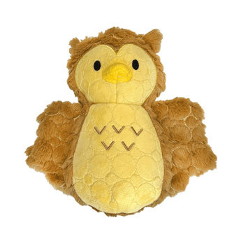 White background with a brown Bite Force owl Dog Toy with a beige chest and yellow beak with stitch details for the eyes.