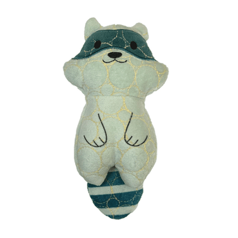 White background with a grey Bite Force Racoon Dog Toy with dark grey eye band and striped tail with stitch details for the eyes and arms.